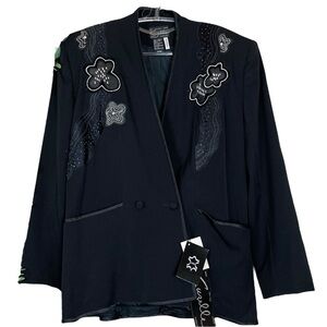 Vtg Suzelle Wool Leather Beaded Floral Embroidered Evening Jacket Black Size 14